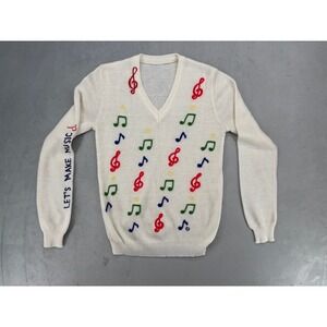 Unbranded Music Note Sweater Women Small Cream Embroidered Vintage V-Neck Knit